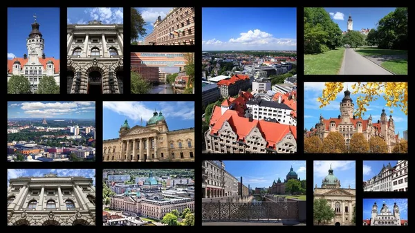 莱比锡市明信片 旅行地点地标照片拼贴 — 图库照片