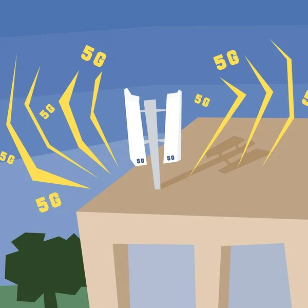 Telekommunikation Und Mobilfunkantenne Auf Dem Dach Eines Mehrfamilienhauses Skurrile Illustration — Stockvektor