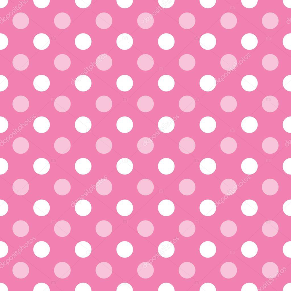 Seamless polka dot texture. White on pink. Retro polka dots vector.