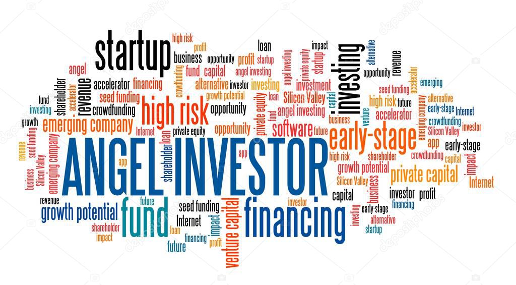 Angel investor concept. Angel investing text cloud sign. Startup financing.