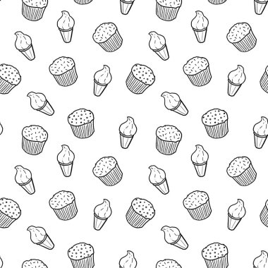 Kusursuz kekler ve dondurma, siyah beyaz dokular. Lezzetli, kusursuz vektör tasarımı.