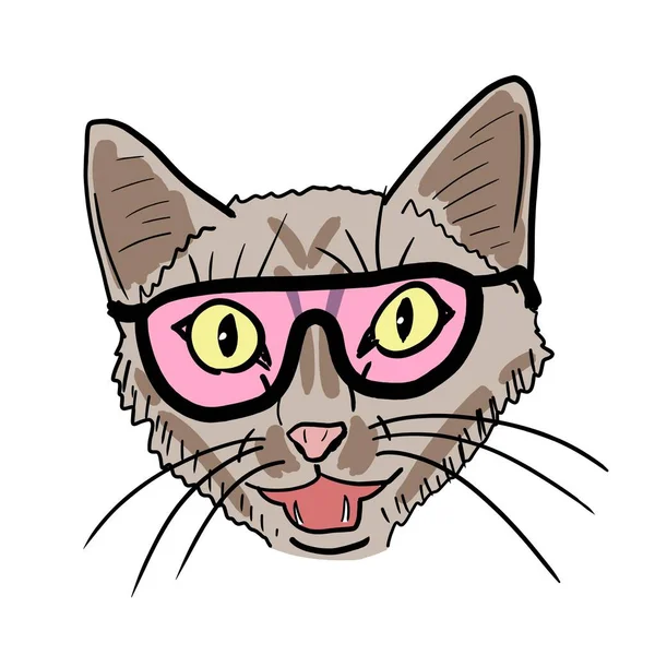Pembe Güneş Gözlüklü Kedi Miyavlaması Elle Çizilmiş Kedi Portresi — Stok Vektör