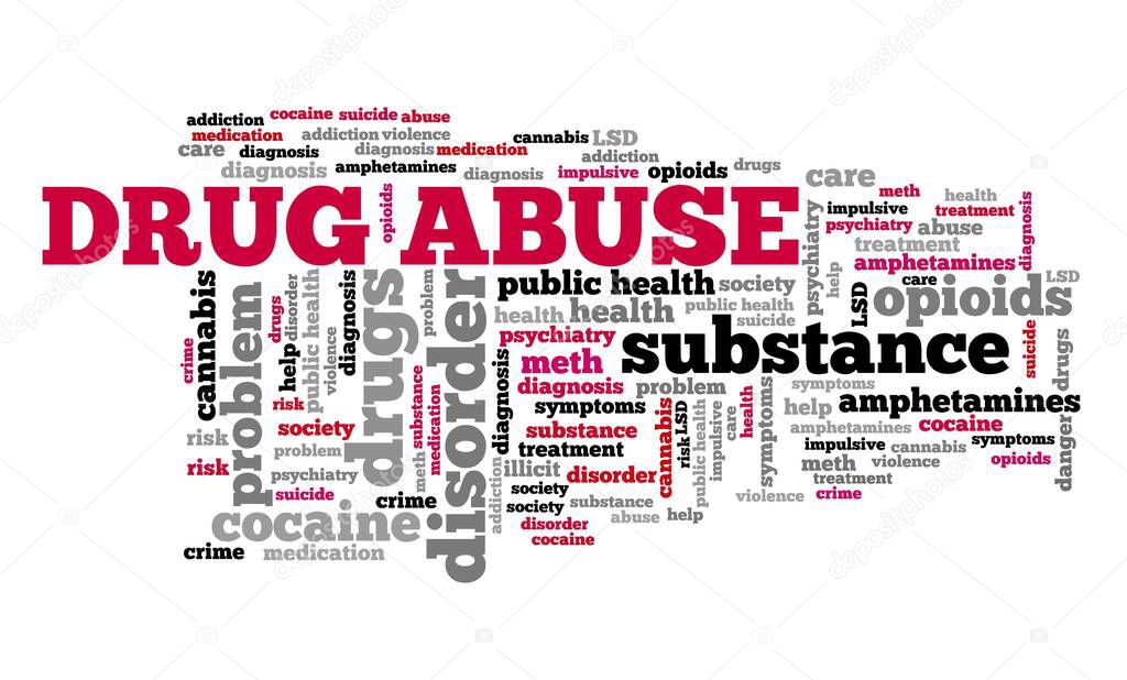 Drug abuse word cloud collage. Drug addiction concepts text cloud.