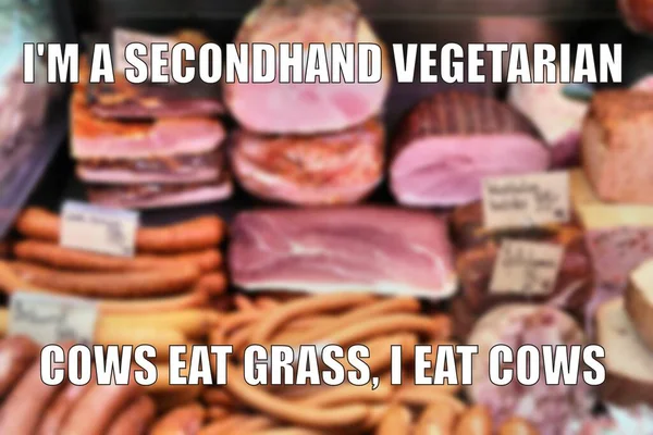 Comedor Carne Segunda Mão Vegetariano Meme Engraçado Para Compartilhamento Mídia — Fotografia de Stock