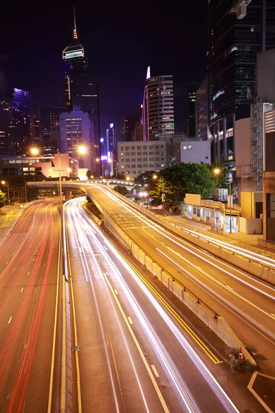 HK of City car with light trails of modern urban buildings — Stock Photo, Image