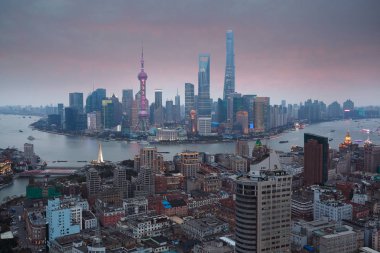 Shanghai bund günbatımı manzarası, hava fotoğrafçılığı kızdırma
