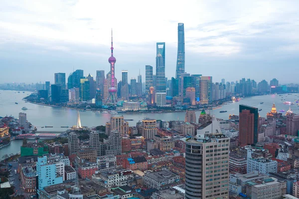 Aerial photography at Shanghai bund Skyline of twilight — Stock Photo, Image