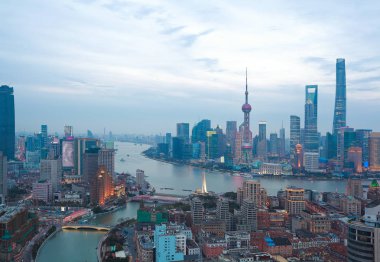 Shanghai bund Twilight manzarası, hava fotoğrafçılığı