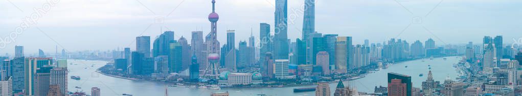 Aerial photography at Shanghai bund Skyline of panorama