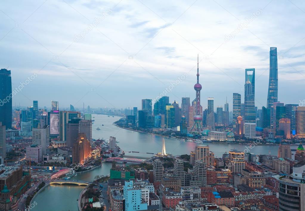 Aerial photography at Shanghai bund Skyline of twilight