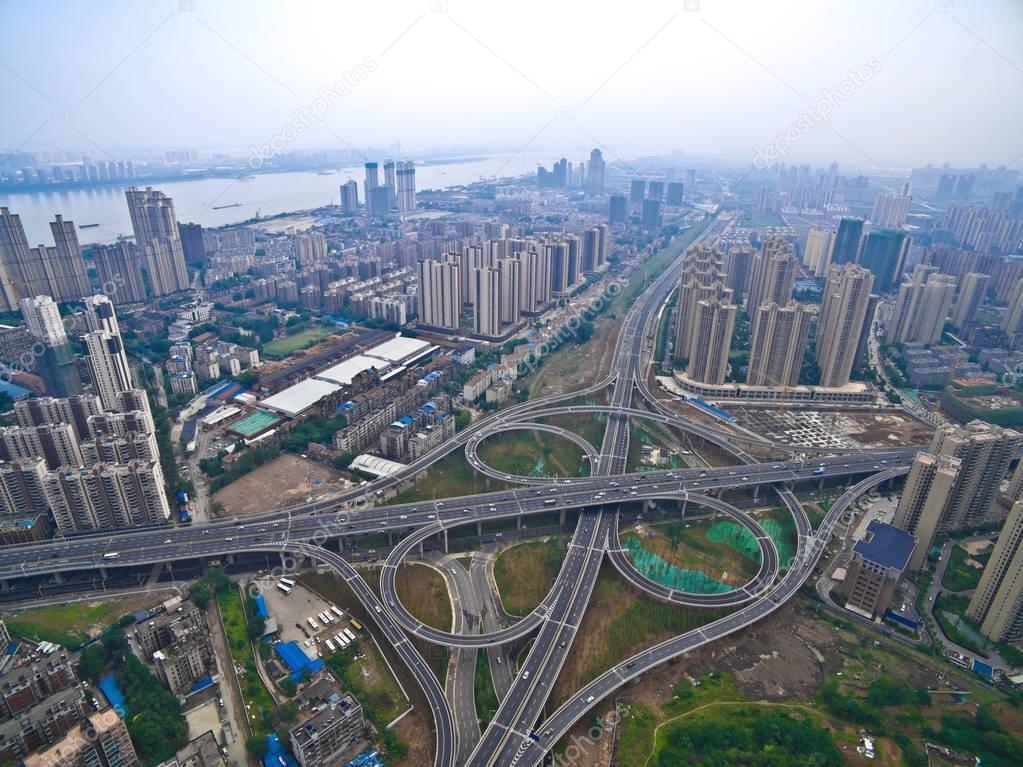 Aerial photography bird-eye view of City viaduct bridge road lan