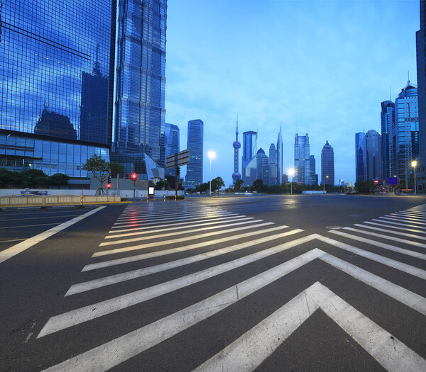 Empty road floor with city landmark office buildings backgrounds in shanghai China