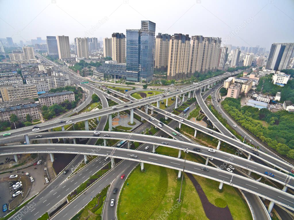 Aerial photography bird-eye view of City viaduct bridge road lan