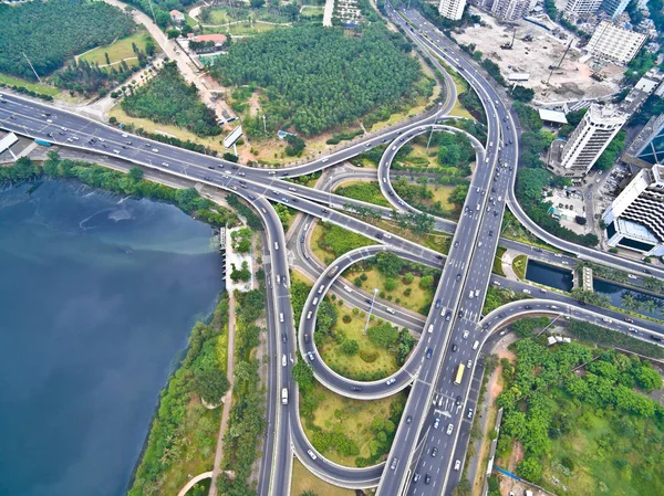 Fotografia Aérea Vista Pássaro Olho Cidade Viaduto Ponte Estrada Paisagem — Fotografia de Stock