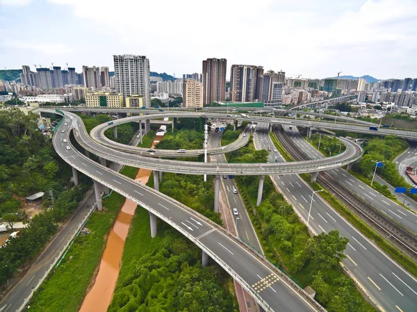 Flygfoto Fågel Öga Bild Staden Viadukt Bro Väg Gatubild Landskap Stockfoto