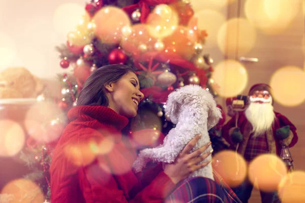 Weihnachtsurlaub. Frau und süßer Hund im Weihnachtsurlaub — Stockfoto