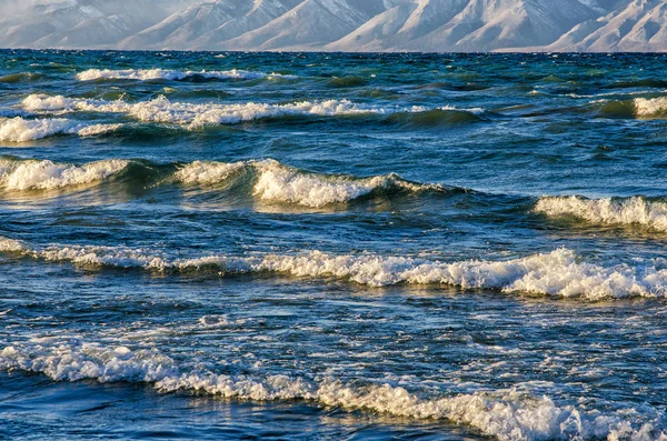 Dondurulmuş Deniz Manzaralı. buz gibi kıyı şeridi isabet dalgalar — Stok fotoğraf