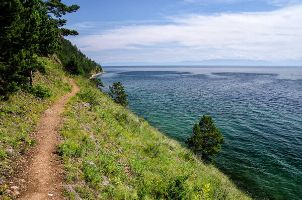 View above big beautiful lake, Baikal lake, Russia