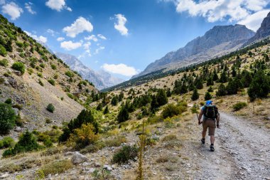 Türkiye, Chamard - 3 Ağustos 2019: Turist yaz günü Türk Milli Parkı aladagında dağ manzarası boyunca yürüyor, arkadan görülüyor