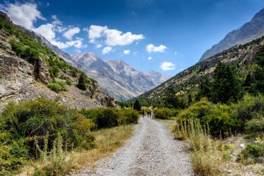 Türkiye, Chamard - 3 Ağustos 2019: Turistler yaz günü Türk Milli Parkı aladagında dağ manzarası boyunca yürüyorlar, arkadan bakıyorlar