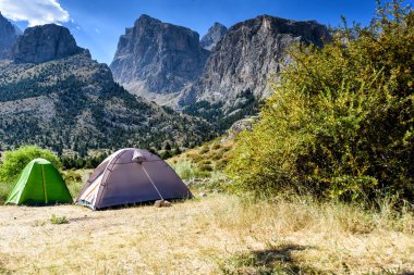 Türkiye Ulusal Parkı 'nda yaz günü ağaçlar ve iki çadır bulunan dağ manzarası