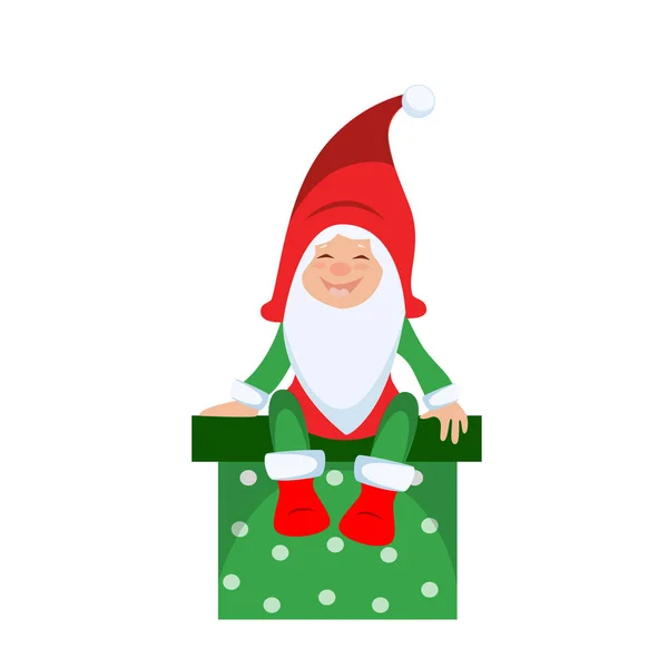 Karácsonyi törpe ül egy ajándék doboz — Stock Vector