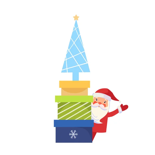 Jultomte med julklappar och julgran — Stock vektor