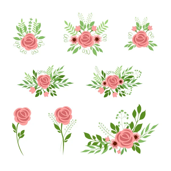 Ensemble de bouquets de roses roses — Image vectorielle