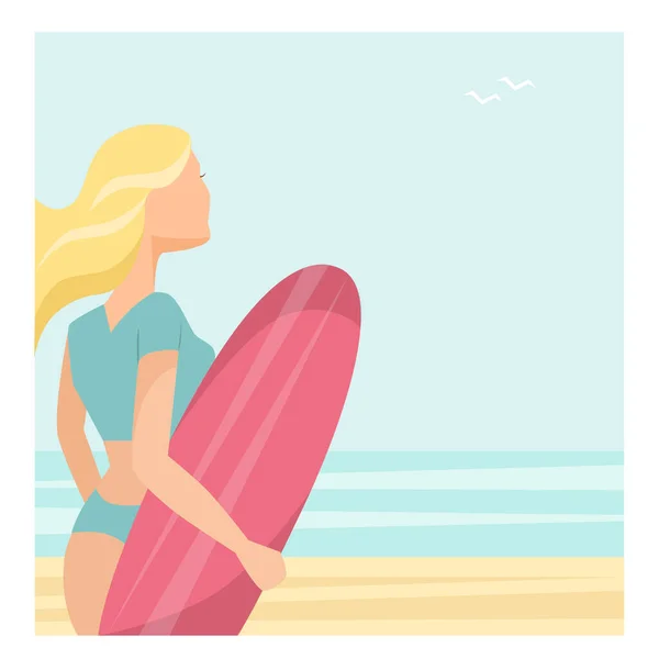 Vektor Illustration Eines Schönen Mädchens Badeanzug Mit Brett Zum Surfen — Stockvektor