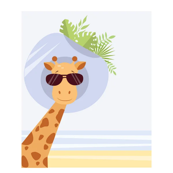 Vektor Illustration Einer Lustigen Giraffe Mit Sonnenbrille Und Hut Strand — Stockvektor