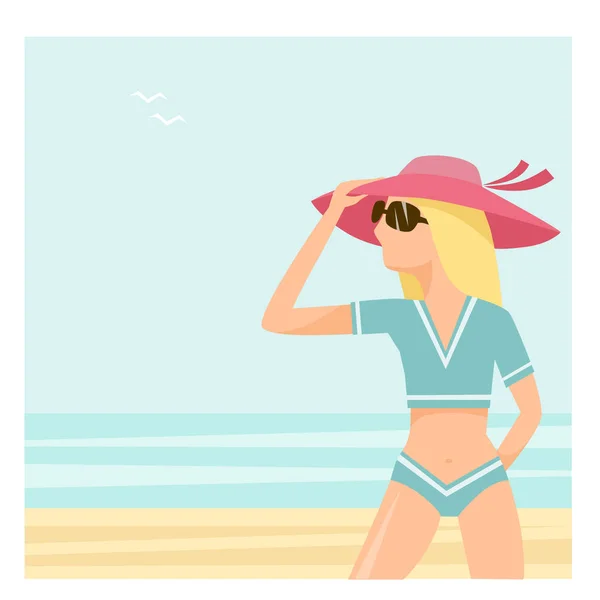 Vektorillustration Eines Mädchens Mit Hut Und Brille Einem Sonnigen Strand — Stockvektor