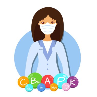 Tıbbi maskeli ve vitaminli bir doktorun vektör çizimi