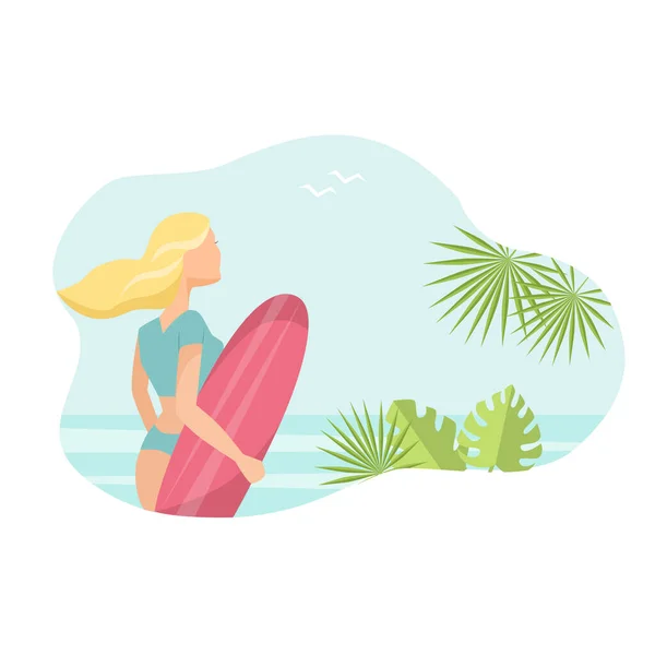 Vektor Illustration Einer Surferin Strand Des Ozeans Mit Einem Surfbrett — Stockvektor