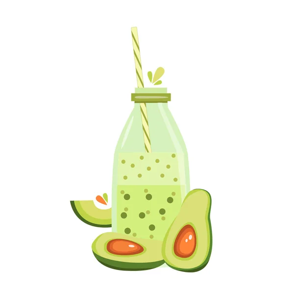 Avokado smoothie şişesi ve avokado meyvesinin stok vektör çizimi