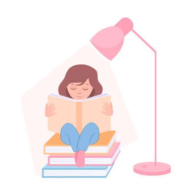  Masanın altında kitap okuyan bir kızın vektör çizimi.