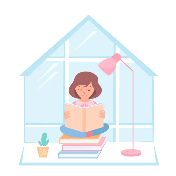 Ilustracja Wektora Akcji Dziewczyny Domu Czytającej Książkę Pod Lampą — Wektor stockowy