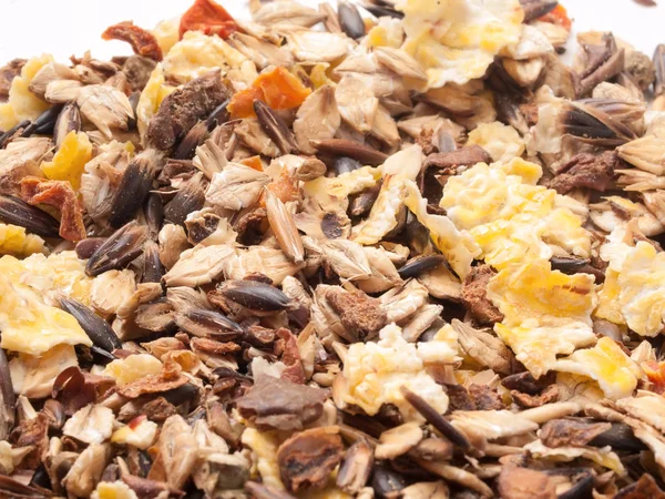 Sportive  muesli background with black oats. for horse. macro — Stock Photo, Image