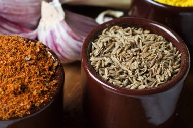 Baharat ve otlar seramik kase. Zira baharat. Renkli natu