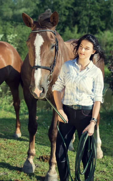 Mladá dívka se svým koněm posezení spolu — Stock fotografie