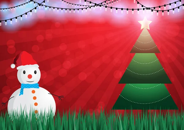 Albero di Natale sfondo con pupazzo di neve vettoriale illustrazione — Vettoriale Stock