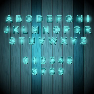 Alfabe neon tarzı ahşap arka plan vektör nesnesi üzerinde