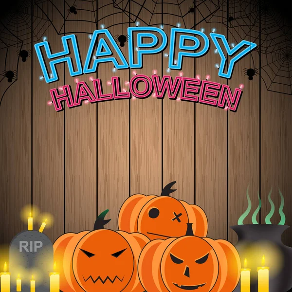 Счастливый Хэллоуин в неоновом стиле на деревянном фоне — стоковый вектор