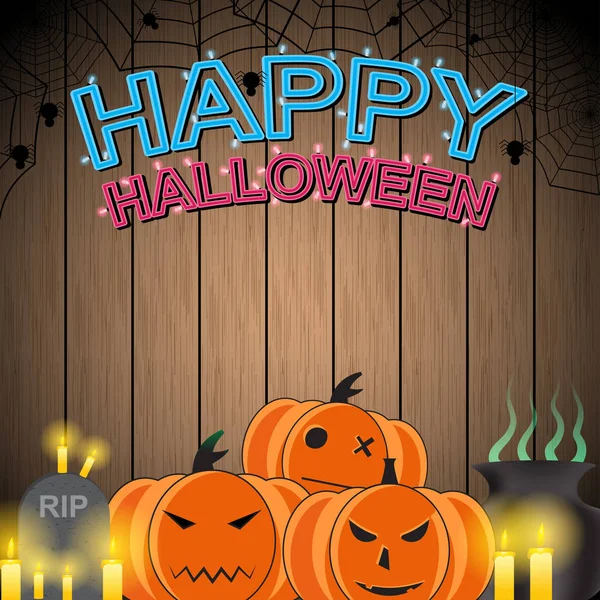 Feliz halloween estilo neón sobre fondo de madera — Vector de stock