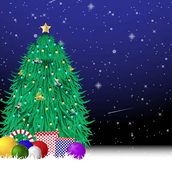 青い夜背景にクリスマス ツリーの飾り — ストックベクタ