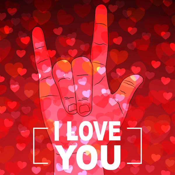 I Love you hand sign with many hearts on red background — Stock Vector