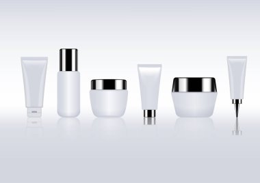 Beyaz mavi arka planda cilt bakımı seti. vektör kozmetik nesne