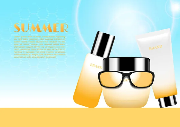 Cosmetic Set Glasses Beach Sunshine Day Background Summer Theme — Stock vektor