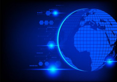 Soyut teknoloji çizimi, koyu arkaplanda parlayan ışık ile devre çizgisi