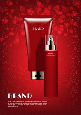 Kırmızı arka planda küçük parıltılı serum ve gündüz kremi