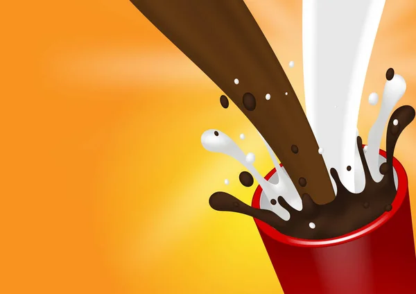 Versare Spruzzare Latte Cioccolato Con Tazza Rossa Sfondo Arancione — Vettoriale Stock